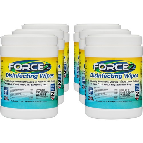 2XL FORCE2 Disinfecting Wipes - 6.75" Length x 6" Width - 220 / Tub - 6 / Carton - Fast Acting, Non-toxic, Non-irritating, Pre-moistened, Alcohol-free, Phenol-free, Bleach-free, Ammonia-free - White