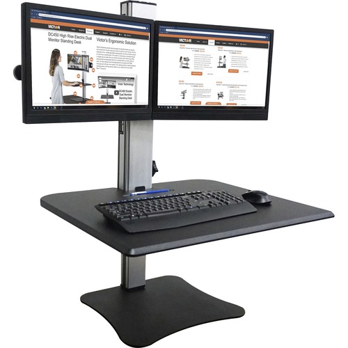 Victor DC350 Dual Monitor Sit-Stand Desk Converter - Up to 24" Screen Support - 25 lb Load Capacity - 20" Height x 28" Width x 23" Depth - Desktop, Tabletop - High Pressure Laminate (HPL) - Wood, Steel, Aluminum - Black, Aluminum