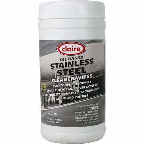 Claire Stainless Steel Wipe - Ready-To-Use - Citrus Scent - 12" Length x 9.50" Width - 40 / Tub - Pre-moistened - Purple