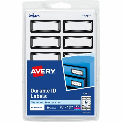 Avery® Durable Labels, 3/4" x 1-3/4" , Black Border, 60 Total (5219) - 3/4" Height x 1 3/4" Width - Permanent Adhesive - Rectangle - Matte - White - Film - 12 / Sheet - 5 Total Sheets - 1080 Total Label(s) - Water Resistant - PVC-free, Permanent Adhes