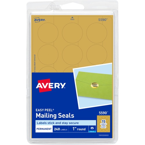 Avery® Gold Metallic Mailing Seals - Round - 1" Diameter - Permanent - For Envelope, Gift - Gold - 18 / Carton