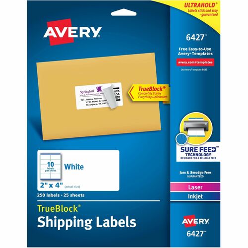 Avery® TrueBlock® Shipping Labels, Sure Feed® Technology, Permanent Adhesive, 2" x 4" , 250 Labels (6427) - Avery® Shipping Labels, Sure Feed®, 2" x 4" , 250 Labels (6427)