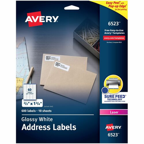 Avery® Address Labels, Glossy White, 2/3" x 1-3/4" , 600 Total (6523) - 2/3" Height x 1 3/4" Width - Permanent Adhesive - Rectangle - Laser, Inkjet - Glossy - White - Paper - 60 / Sheet - 10 Total Sheets - 600 Total Label(s) - Permanent Adhesive, Peel