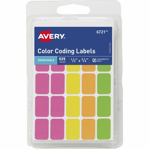 Avery® Removable Labels, 1/2" x 3/4" , Neon, 525 Total (6721) - 3/4" Height x 1/2" Width x 3/4" Length - Removable Adhesive - Rectangle - Neon Pink, Neon Yellow, Neon Orange, Neon Green - Paper - 25 / Sheet - 21 Total Sheets - 525 Total Label(s) - 525