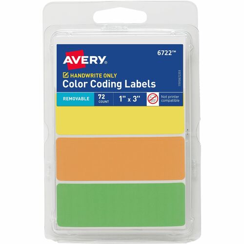 Avery® Rectangular Removable Color Coding Labels on Small Sheets - 1" Height x 1" Width x 3" Length - Removable Adhesive - Rectangle - Neon Yellow, Neon Orange, Neon Green - Paper - 3 / Sheet - 24 Total Sheets - 72 Total Label(s) - 72 / Pack - Removab