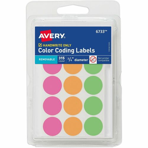 Avery® 3/4" Round Removable Color Coding Labels - Handwrite Only - - Width3/4" Diameter - Removable Adhesive - Round - Neon Pink, Neon Orange, Neon Green, Assorted - Paper - 15 / Sheet - 21 Total Sheets - 315 Total Label(s) - 315 / Pack - Removable