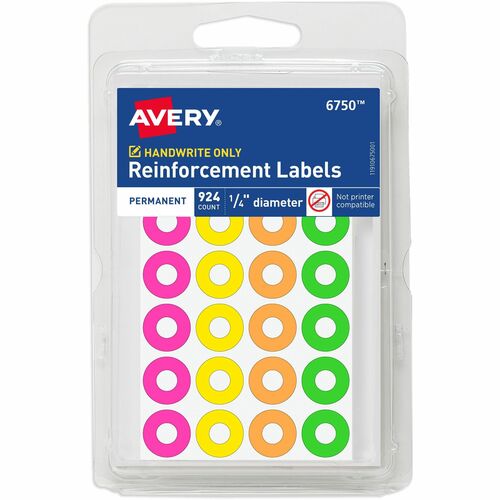 Avery® Reinforcement Labels, 1/4" Diameter, Permanent Adhesive, Assorted Neon Colors, Non-Printable, 924 Page Reinforcement Stickers Total (6750) - Avery® Reinforcement Stickers, 1/4" , Neon, 924 Total (6750)