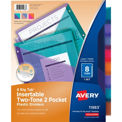 Avery Big Tab Tab Divider - 8 x Divider(s) - 8 - 8 Tab(s)/Set - 9.3" Divider Width x 11.25" Divider Length - Letter - 8.50" Width x 11" Length - 3 Hole Punched - Multicolor Plastic Divider - Multicolor Plastic Tab(s) - PVC-free, Hole-punched, Insertable, 