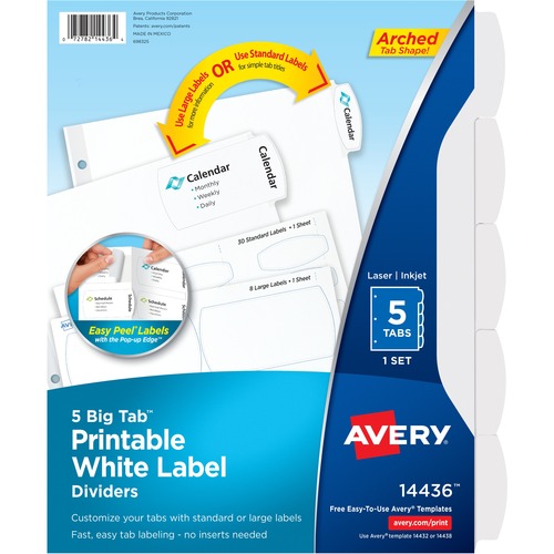 Avery® Big Tab Printable White Label Dividers - 5 x Divider(s) - 5 - 5 Tab(s)/Set - 8.5" Divider Width x 11" Divider Length - 3 Hole Punched - White Paper Divider - White Paper Tab(s) - Recycled - 36 / Carton