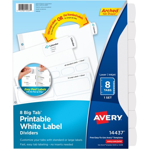 Avery® Big Tab Printable White Label Dividers - 8 x Divider(s) - 8 - 8 Tab(s)/Set - 8.5" Divider Width x 11" Divider Length - 3 Hole Punched - White Paper Divider - White Paper Tab(s) - Recycled - 36 / Carton