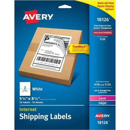 Avery® Internet Shipping Labels, 5-1/2" x 8-1/2" , 20 Labels (18126) - Permanent Adhesive - Rectangle - Laser, Inkjet - White - Paper - 2 / Sheet - 50 Total Sheets - 100 Total Label(s) - 5 / Carton - Permanent Adhesive, Jam Resistant, Smudge Resistant