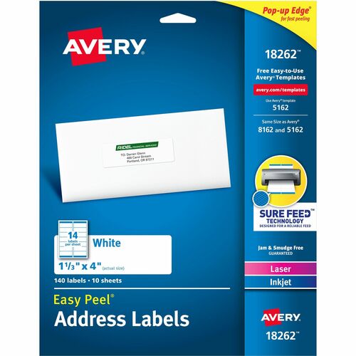 Avery® Easy Peal Sure Feed Address Labels - Permanent Adhesive - Rectangle - Laser, Inkjet - White - Paper - 14 / Sheet - 50 Total Sheets - 700 Total Label(s) - 5 / Carton