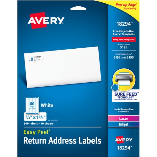 Avery® Easy Peal Sure Feed Address Labels - Permanent Adhesive - Rectangle - Laser, Inkjet - White - Paper - 60 / Sheet - 50 Total Sheets - 3000 Total Label(s) - 5 / Carton