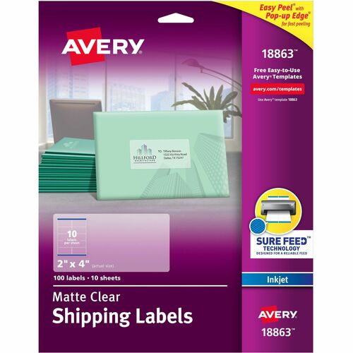 Avery(R) Matte Clear Shipping Labels, Sure Feed(R) Technology, Inkjet, 2" x 4" , 100 Labels (18863) - Permanent Adhesive - Rectangle - Inkjet - Clear - Film - 10 / Sheet - 50 Total Sheets - 500 Total Label(s) - 5 / Carton