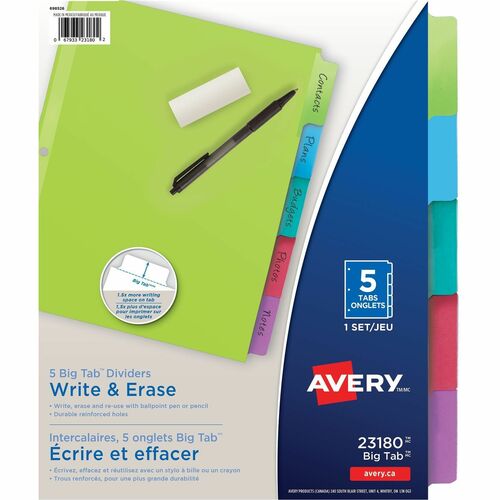 Avery® Big Tab™ Write & Erase Dividers 5 tabs, 1 set - 5 x Divider(s) - 5 Write-on Tab(s) - 5 - 5 Tab(s)/Set - 8.5" Divider Width x 11" Divider Length - 3 Hole Punched - Multicolor Paper Divider - Multicolor Paper Tab(s) - Recycled - 36 / Carton