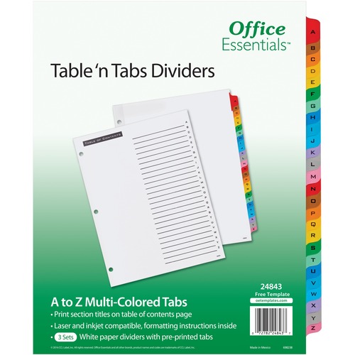 Avery® Table 'n Tabs Multicolored Tab A-Z Dividers - 288 x Divider(s) - 288 Tab(s) - A-Z - 26 Tab(s)/Set - 8.5" Divider Width x 11" Divider Length - 3 Hole Punched - White Paper Divider - Multicolor Paper Tab(s) - 4 / Carton