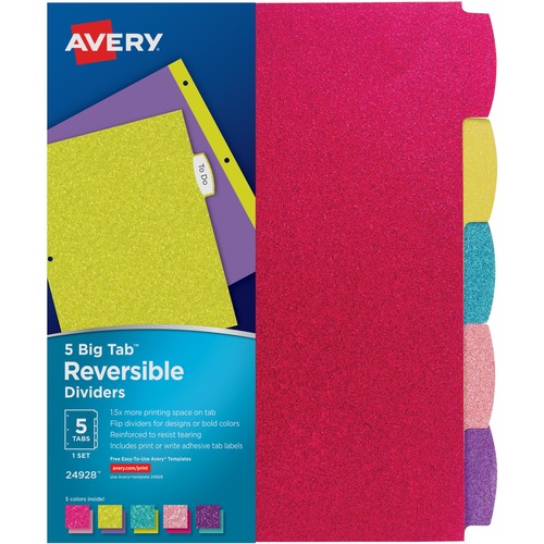 Avery® Big Tab Reversible Fashion Dividers - 120 x Divider(s) - 120 Write-on Tab(s) - 5 - 5 Tab(s)/Set - 8.5" Divider Width x 11" Divider Length - 3 Hole Punched - Multicolor Paper Divider - Multicolor Paper Tab(s) - 24 / Carton