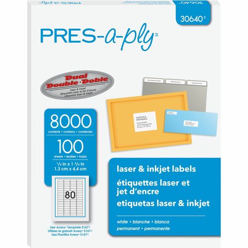 PRES-a-ply Address Label - - HeightPermanent Adhesive - Rectangle - Laser, Inkjet - White - Paper - 80 / Sheet - 100 Total Sheets - 80000 Total Label(s) - 8000 / Pack - 10 / Carton