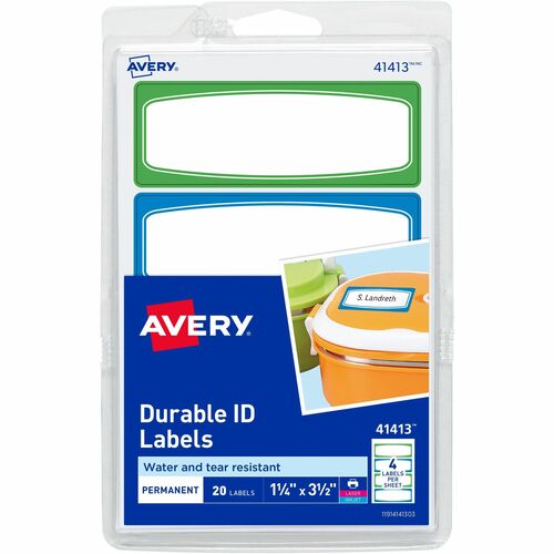 Avery® Kids Gear Durable Labels - 3 1/2" Height x 1 1/4" Width - Permanent Adhesive - Rectangle - Laser, Inkjet - Matte - Assorted - Blue, Green Border - Film - 4 / Sheet - 90 Total Sheets - 360 Total Label(s) - Permanent Adhesive, Dishwasher Safe, Mi