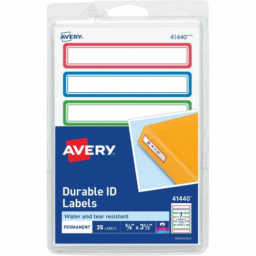 Avery Kids Gear Durable Labels - 5/8" Height x 3 1/2" Width - Permanent Adhesive - Rectangle - Laser, Inkjet - Matte - Assorted, Green, Blue, Red - Film - 7 / Sheet - 90 Total Sheets - 630 Total Label(s) - 18 / Carton - PVC-free, Permanent Adhesive, Dishw