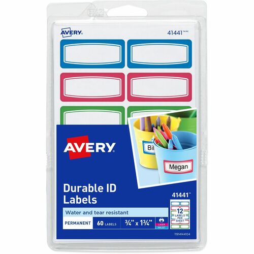 Avery Kids Gear Durable Labels - 3/4" Height x 1 3/4" Width - Permanent Adhesive - Rectangle - Laser, Inkjet - Matte - Assorted, Green, Blue, Red - Film - 12 / Sheet - 90 Total Sheets - 1080 Total Label(s) - 18 / Carton - Water Resistant - PVC-free, Perma