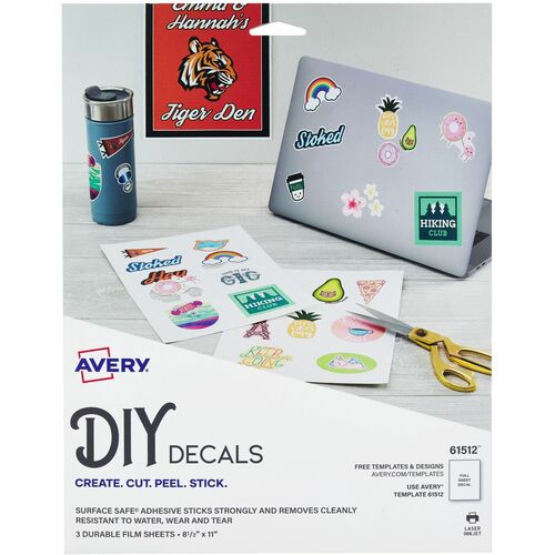 Avery® Surface Safe Printable Decal Stickers - Removable Adhesive - Rectangle - Laser, Inkjet - White - Film - 1 / Sheet - 15 Total Sheets - 15 Total Label(s) - 5 / Carton - Water Resistant