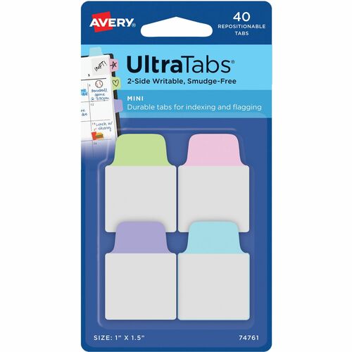 Avery® Ultra Tabs File Tab - 40 Tab(s) - 1.50" Tab Height x 1" Tab Width - Clear Film, Pastel Purple Paper, Pastel Blue, Pastel Pink, Pastel Green Tab(s) - 72 / Carton