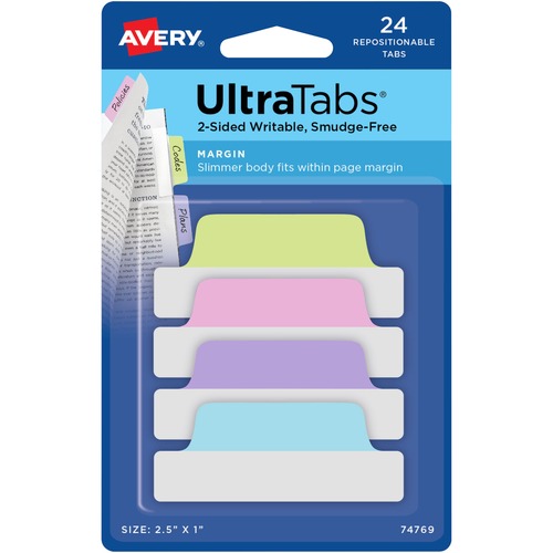 Avery® Ultra Tabs File Tab - 24 Tab(s) - 1" Tab Height x 2.50" Tab Width - Clear Film, Pastel Blue Paper, Pastel Pink, Pastel Purple, Pastel Green Tab(s) - 72 / Carton