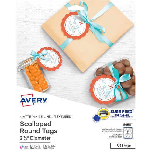 Avery® Textured Round Scallop Tags - 2.50" Diameter - Round Scallop - 5 / Carton - Card Stock, Metal - White