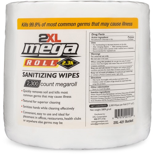 2XL Mega Roll Sanitizing Wipes - White - Non-toxic, Non-irritating, Alcohol-free, Phenol-free, Bleach-free, Ammonia-free, Recyclable - For Hand, Skin, Multi Surface, Office, Restaurant, Hotel, Health Club, Day Care, School, Healthcare, Veterinary Clinic -