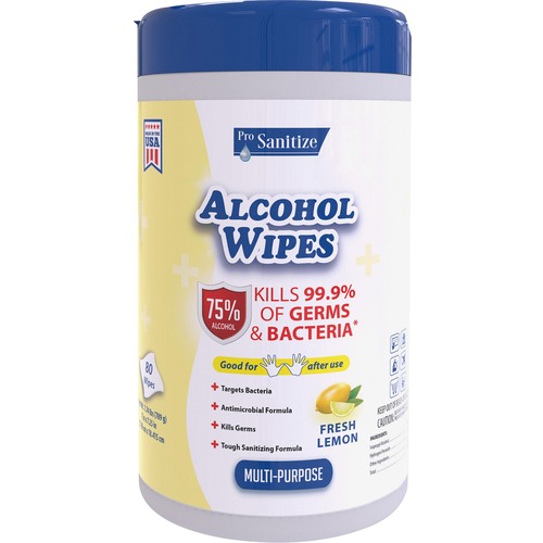Pro Sanitize Multi-Purpose Alcohol Hand Wipes - Lemon Scent - 80 / Canister - 1 Each - Antimicrobial - White