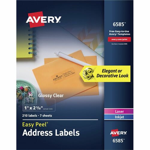 Avery® Easy Peel Address Label - 2 5/8" Height x 1" Width - Permanent Adhesive - Rectangle - Laser, Inkjet - Clear - Film - 30 / Sheet - 35 Total Sheets - 1050 Total Label(s) - 5 / Carton - Pop Up Edge, Jam-free, Foldable, Easy Peel