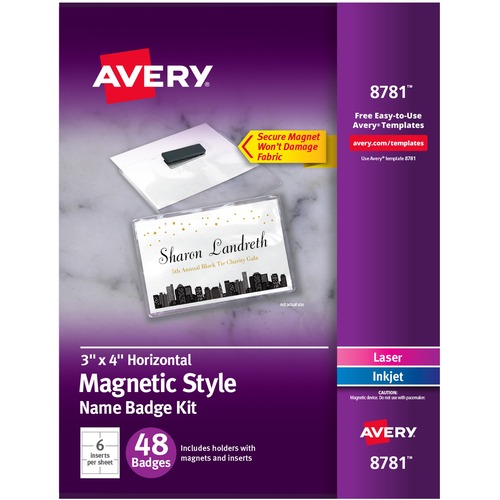 Avery® Name Badge - 5 / Carton - Rectangular Shape - Non-adhesive, Non-toxic, Durable, Magnetic, Heavy Duty, Printable, Micro Perforated, Recyclable - PVC Plastic - White