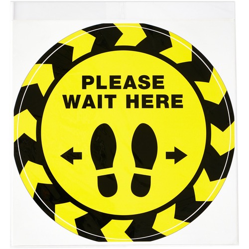 Avery® PLEASE WAIT HERE Distancing Floor Decals - 5 - PLEASE WAIT HERE Print/Message - Round Shape - Pre-printed, Tear Resistant, Wear Resistant, Non-slip, Water Resistant, UV Coated, Durable, Removable, Scuff Resistant - Vinyl - Black, Yellow