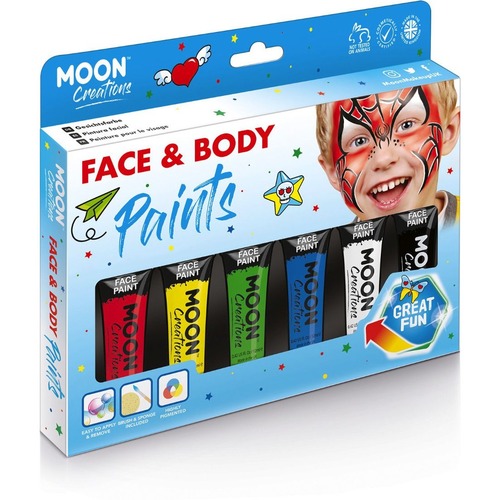 Moon Creations Face & Body Paint Primary Colours Boxset - 12 mL - 1 Each - Red, Yellow, Green, Blue, White, Black - Face Paint - AVDC01136