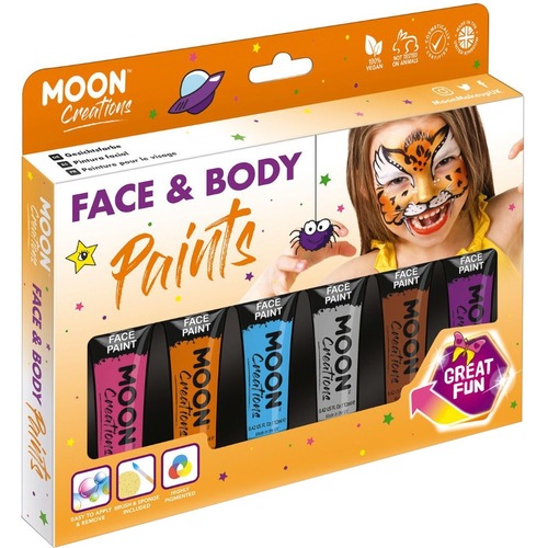 Moon Creations Face & Body Paint Adventure Colours Boxset - 12 mL - 1 Each - Pink, Orange, Blue, Gray, Brown, Purple - Face Paint - AVDC01143