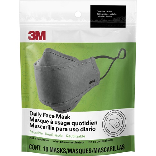 3M Daily Face Masks - Recommended for: Face, Indoor, Outdoor, Office, Transportation - Cotton, Fabric - Gray - Lightweight, Breathable, Adjustable, Elastic Loop, Nose Clip, Comfortable, Washable - 10 / Pack