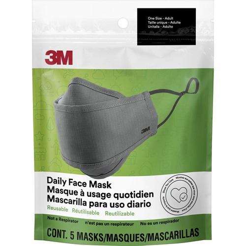 3M Daily Face Masks - Recommended for: Face, Indoor, Outdoor, Office, Transportation - Cotton, Fabric - Gray - Lightweight, Breathable, Adjustable, Elastic Loop, Nose Clip, Comfortable, Washable - 5 / Pack