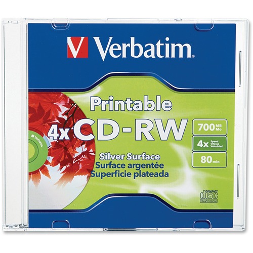 Verbatim CD-RW 700MB 2X-4X DataLifePlus Silver Inkjet Printable with Branded Hub - 1pk Jewel Case - 120mm - Printable - Inkjet Printable - 1.33 Hour Maximum Recording Time