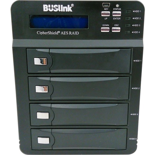 Buslink CipherShield 256-bit AES USB 3.0/eSATA 4-bay RAID Encrypted External Hard Drive - 4 x HDD Supported - 72 TB Supported HDD Capacity - 4 x HDD Installed - 72 TB Installed HDD Capacity - Serial ATA Controller - RAID Supported 0, 3, 5, 10, LARGE - 4 x