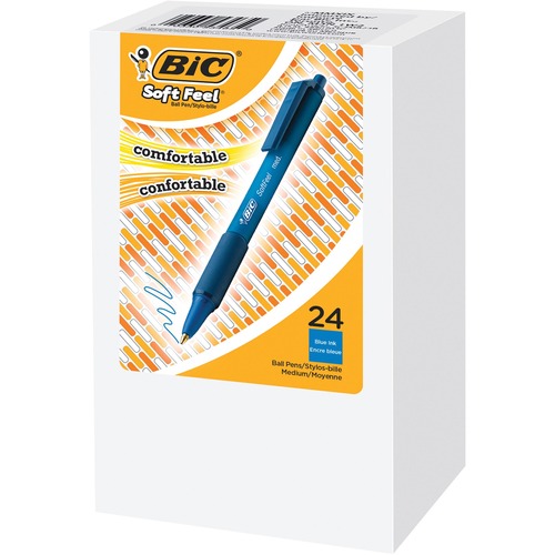 BIC Soft Feel Ballpoint Pen - Medium Pen Point - Retractable - Blue - Rubberized Barrel - 24 / Box