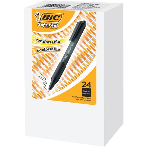 BIC Soft Feel Ballpoint Pen - Medium Pen Point - Retractable - Black - Rubberized Barrel - 24 / Box