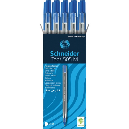 Schneider Ballpoint Pen Tops 505 M Blue Box 10 pieces - Medium Pen Point - Blue - Transparent Barrel - Stainless Steel Tip - 10 / Box - Ballpoint Stick Pens - PSYRS150803