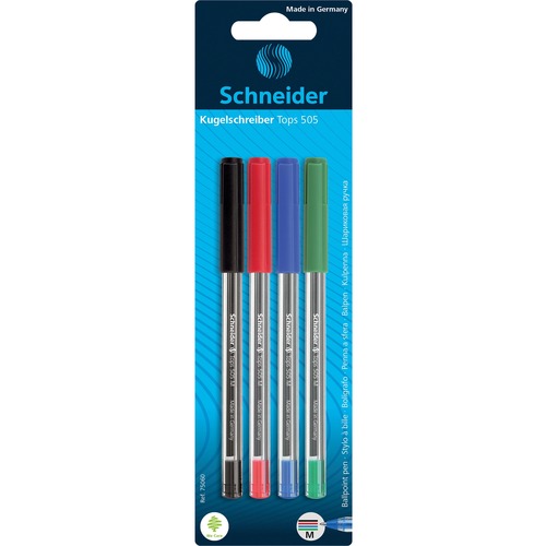 Schneider Tops 505 Ballpoint Pens - Medium Pen Point - Assorted - Stainless Steel Tip - 4 / Pack - Ballpoint Stick Pens - PSYRS75060