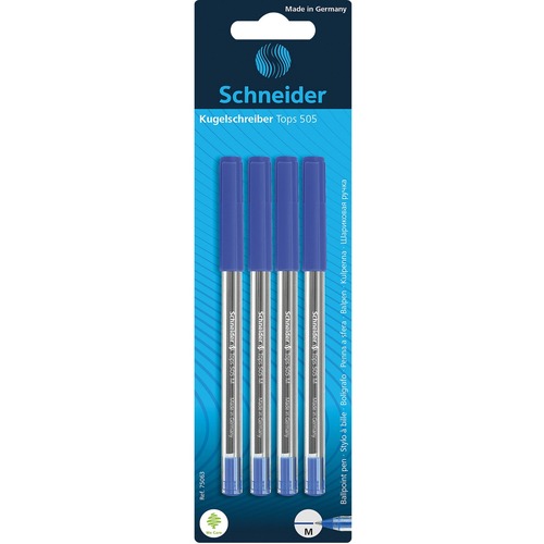 Schneider Tops 505 Ballpoint Pens - Medium Pen Point - Blue - Stainless Steel Tip - 4 / Pack - Ballpoint Stick Pens - PSYRS75063