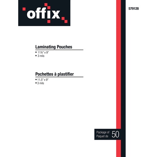 Offix Laminating Pouch - Sheet Size Supported: Letter 8.50" (215.90 mm) Width x 11" (279.40 mm) Length - Laminating Pouch/Sheet Size: 3 mil Thickness - 50 / Pack