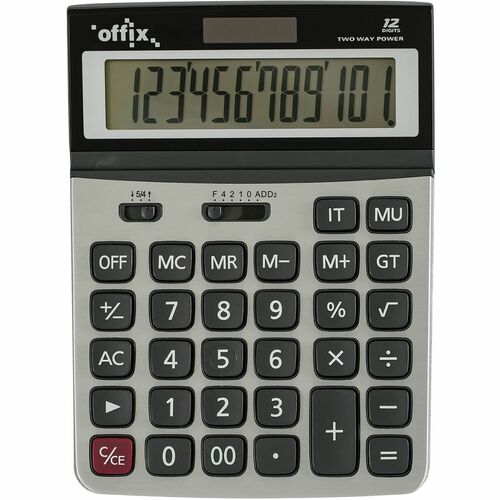 Offix Simple Calculator - Large Display, 4-Key Memory - 12 Digits - Battery/Solar Powered - Desktop - 1 Each