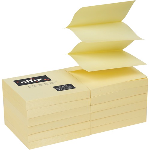 Offix Adhesive Note - 3" x 3" - Square - 100 Sheets per Pad - Yellow - Self-adhesive, Pop-up - 12 / Pack = NVX349217