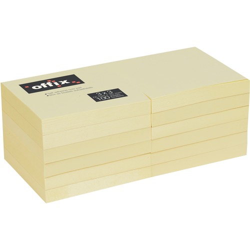 Offix Adhesive Note - 3" x 3" - Square - 100 Sheets per Pad - Yellow - Self-adhesive - 12 / Pack = NVX349241
