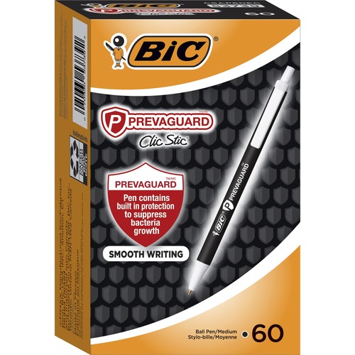 BIC PrevaGuard Clic Stic Antimicrobial Pens - 1 mm Medium Pen Point - Retractable - Black Ink - 60 / Box